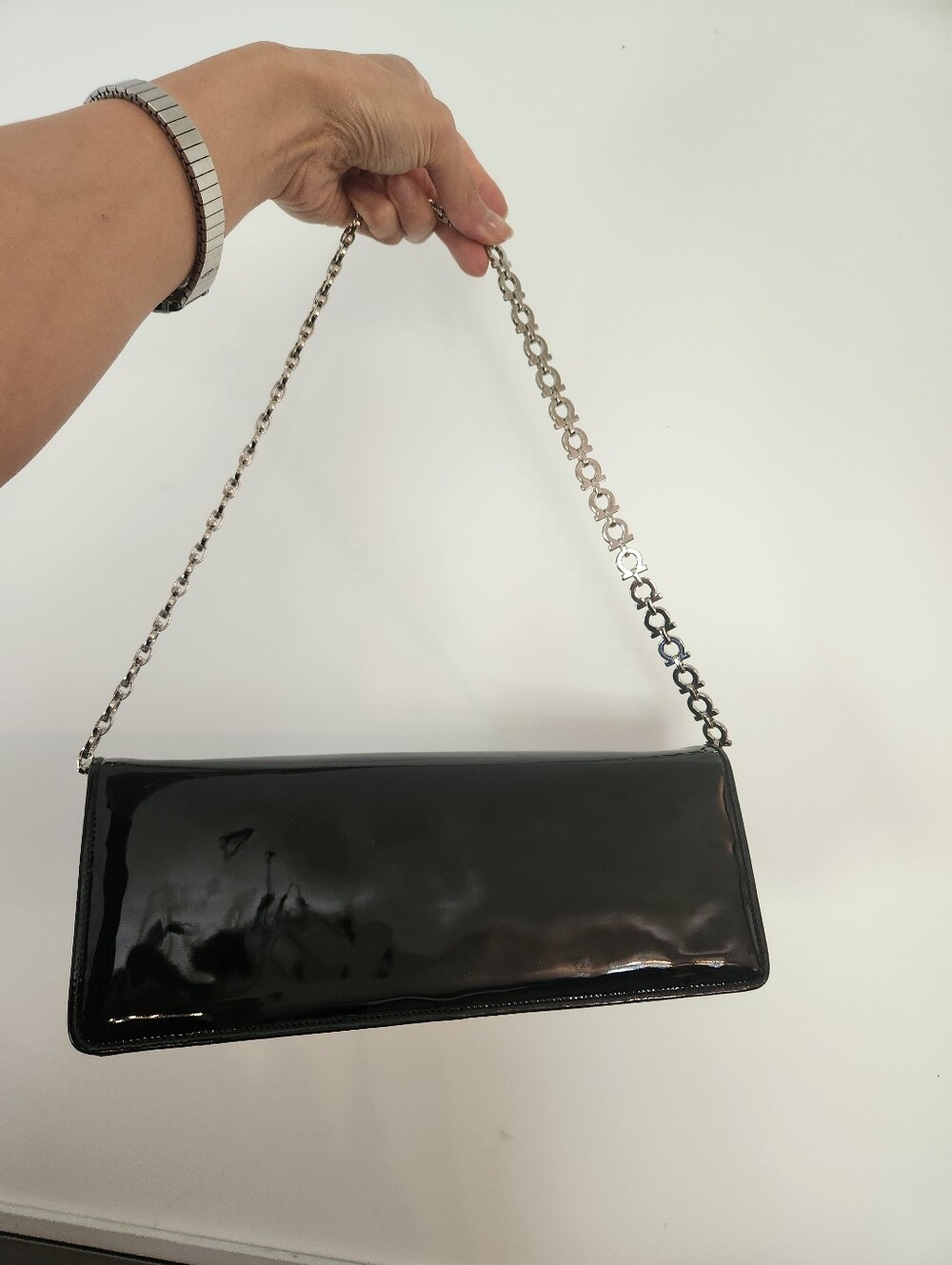 Salvatore Ferragamo Black Patent Leather Chain Shoulder Bag - Picture 2 of 8